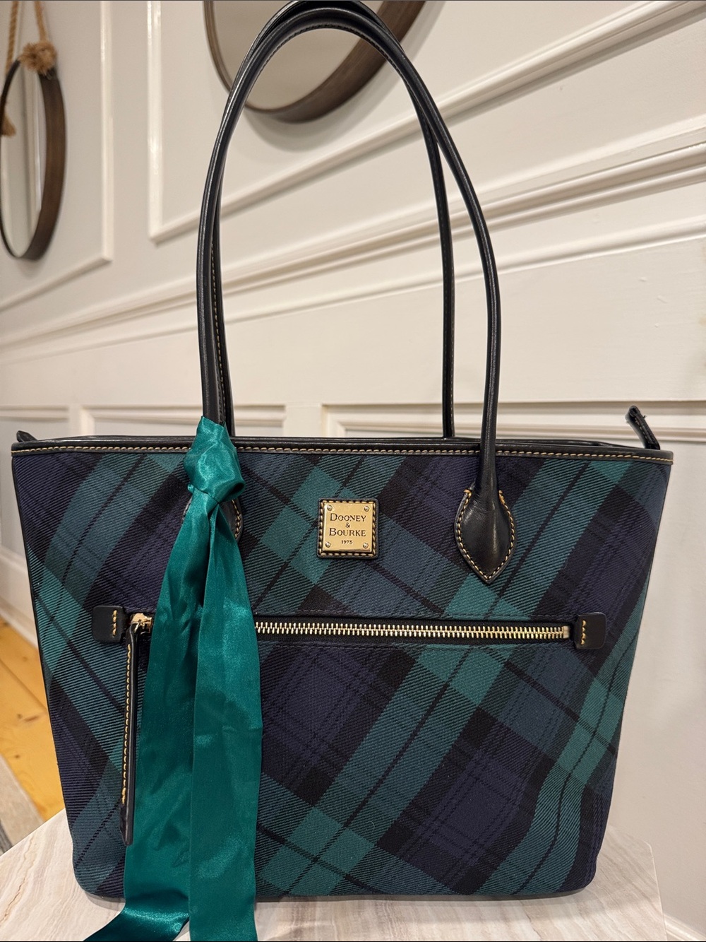 Dooney & Bourke Bag Plaid Tartan Green and Navy Tote Bag - Picture 4 of 17